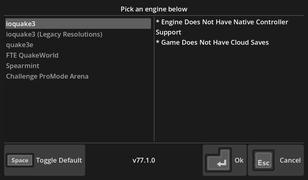 I mean, I couldn't, after talking how noteworthy ioquake3 was, not try it out with Quake III Arena, could I? The Luxtorpeda window with ioquake3 selected