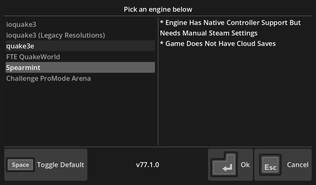 I always like seeing the differences between how these engines run the same game and all their little quirks! The Luxtorpeda window with Spearmint selected
